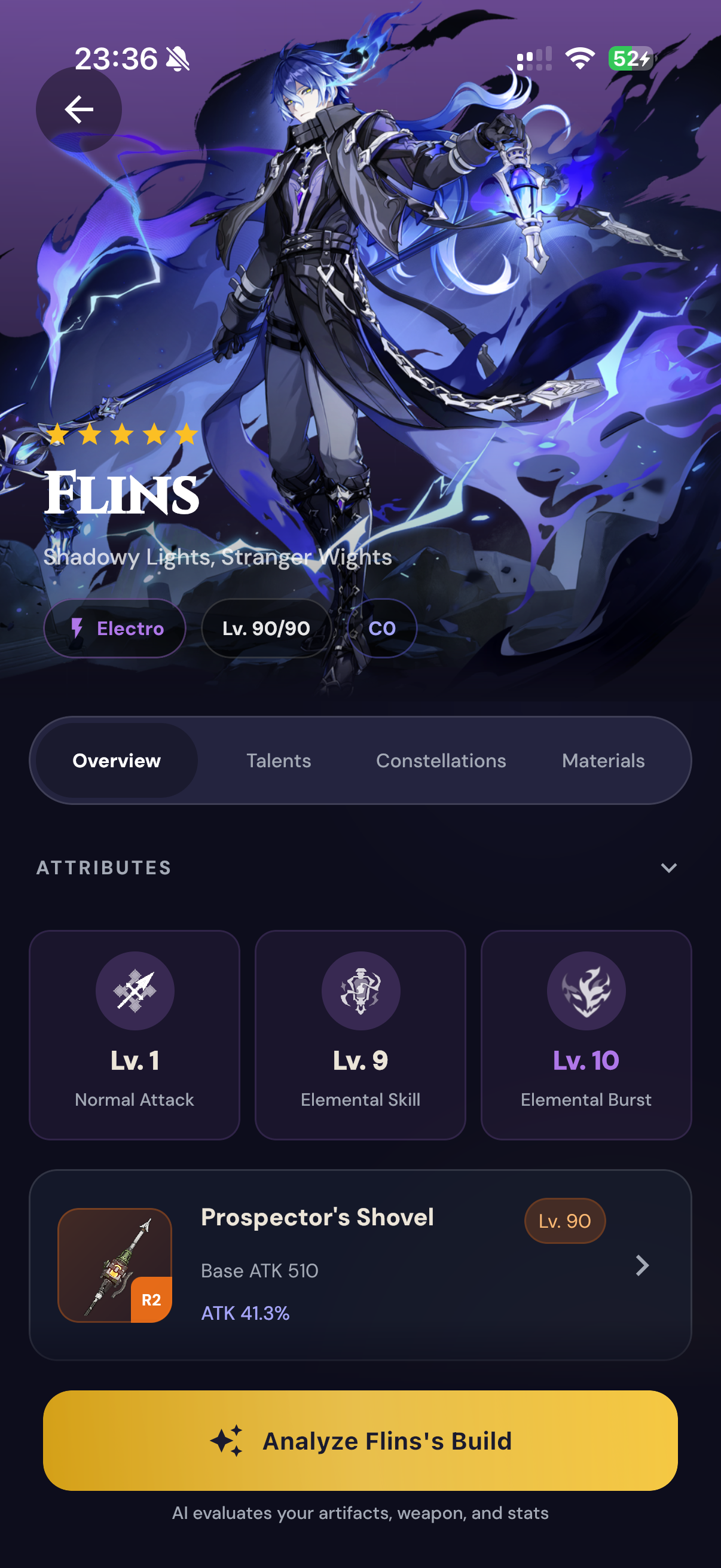 Luminary app — Flins character detail screen